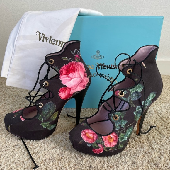 Vivienne Westwood Shoes - Vivienne Westwood Scarlet Floral Lace-up High Heel Pumps